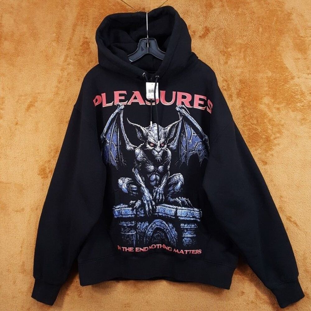 PLEASURES Hoodies Mens XL Black Pullover Fleece Lined GARGOYLE Graphic